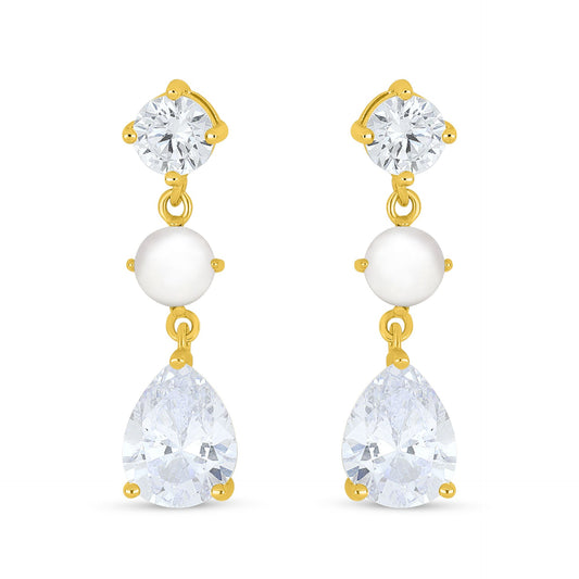 Sterling Silver 925 Earring Golden Plated Embedded With Natural White Pearl And White Zircon