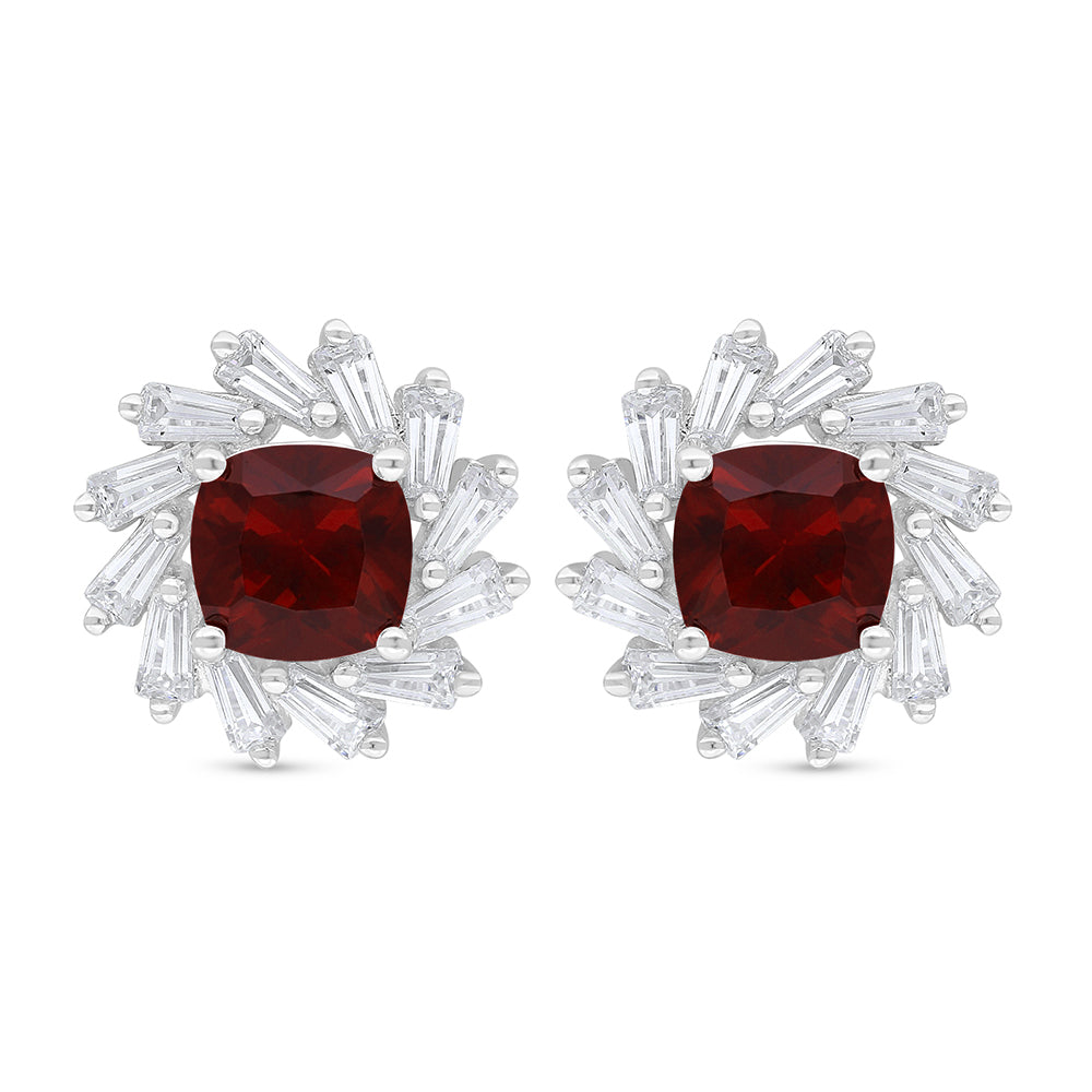 Sterling Silver 925 Earring Rhodium Plated Embedded With Ruby Corundum And White Zircon