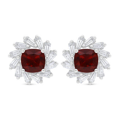 Sterling Silver 925 Earring Rhodium Plated Embedded With Ruby Corundum And White Zircon