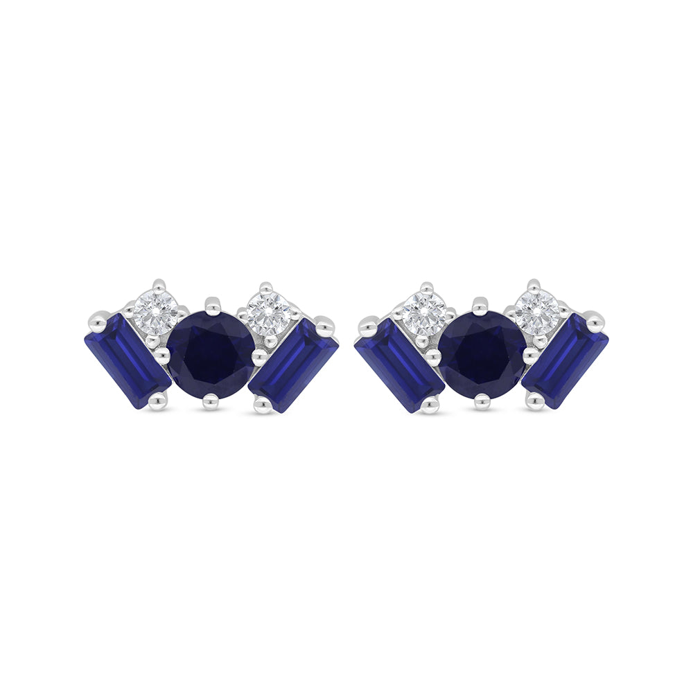 Sterling Silver 925 Earring Rhodium Plated Embedded With Sapphire Corundum And White Zircon