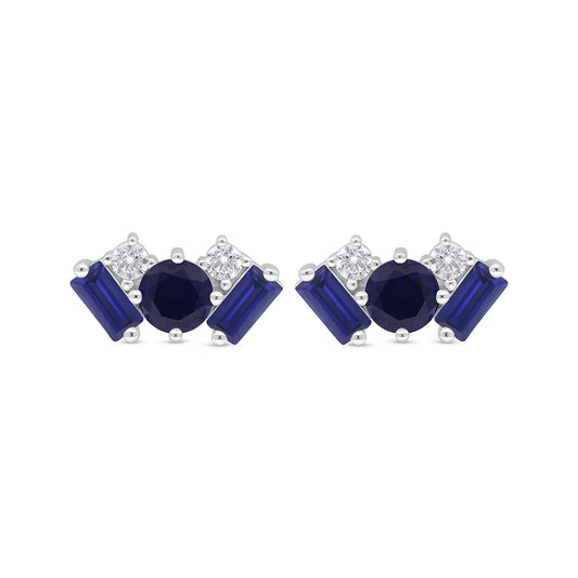 Sterling Silver 925 Earring Rhodium Plated Embedded With Sapphire Corundum And White Zircon