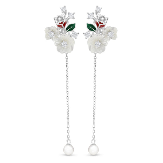 Sterling Silver 925 Earring Rhodium Plated Embedded With Natural White Pearl And White Shell And White Zircon