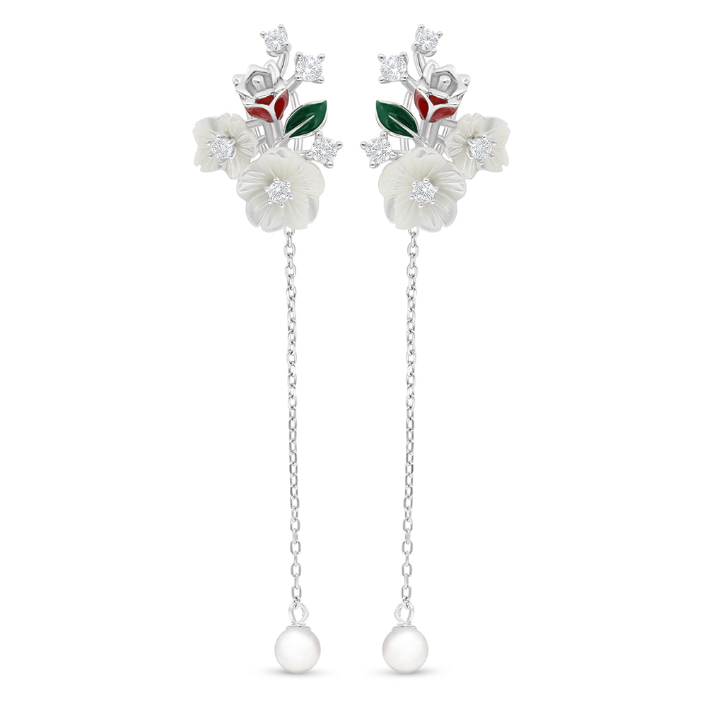 Sterling Silver 925 Earring Rhodium Plated Embedded With Natural White Pearl And White Shell And White Zircon