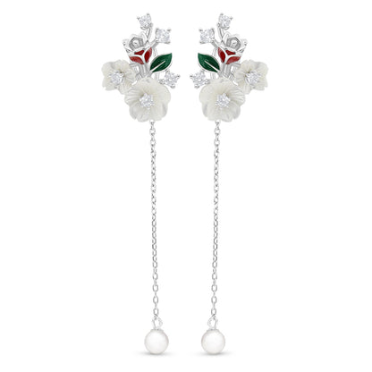 Sterling Silver 925 Earring Rhodium Plated Embedded With Natural White Pearl And White Shell And White Zircon