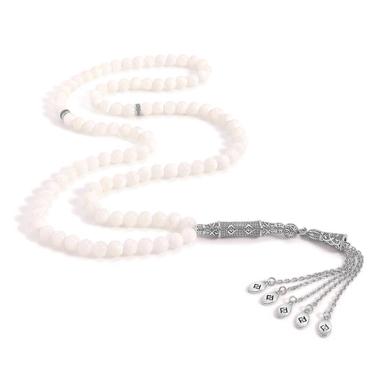 سبحة 100 احجار صدف ابيض بيلية 7 مل طقم ستانلس ستيل عيار 316L مطلى فضي واسود