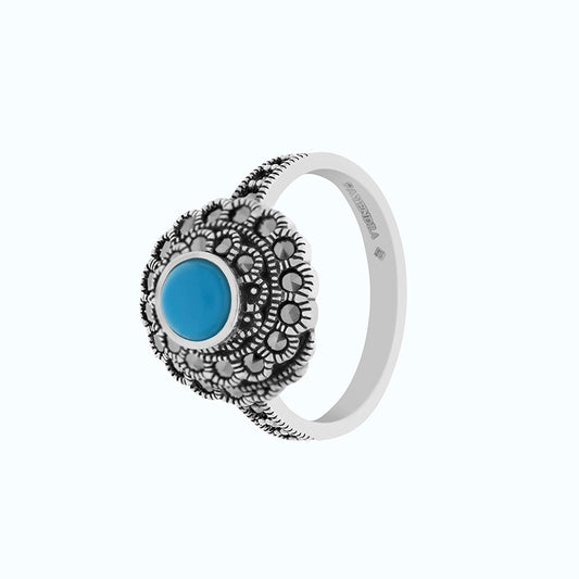 Sterling Silver 925 Ring Embedded With Natural Processed Turquoise And Marcasite Stones