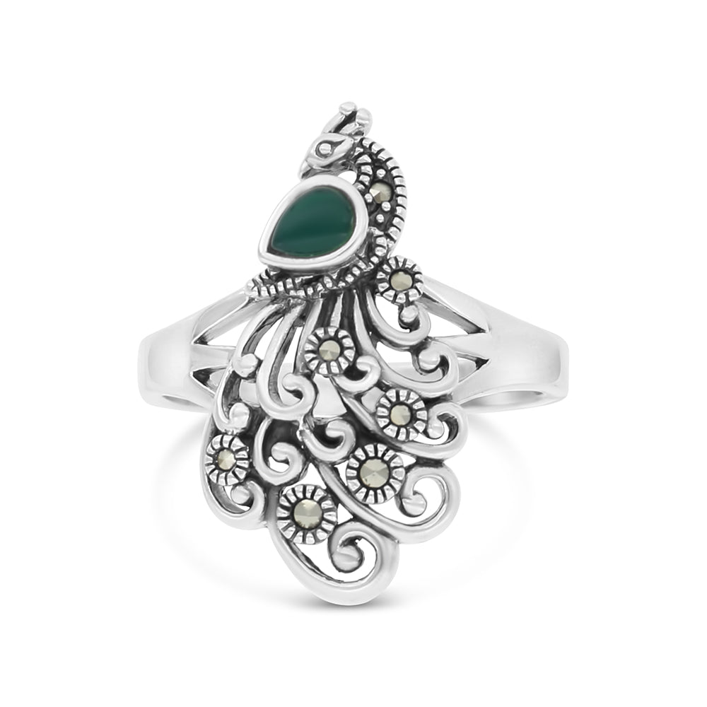Sterling Silver 925 Ring Embedded With Natural Green Agate And Marcasite Stones