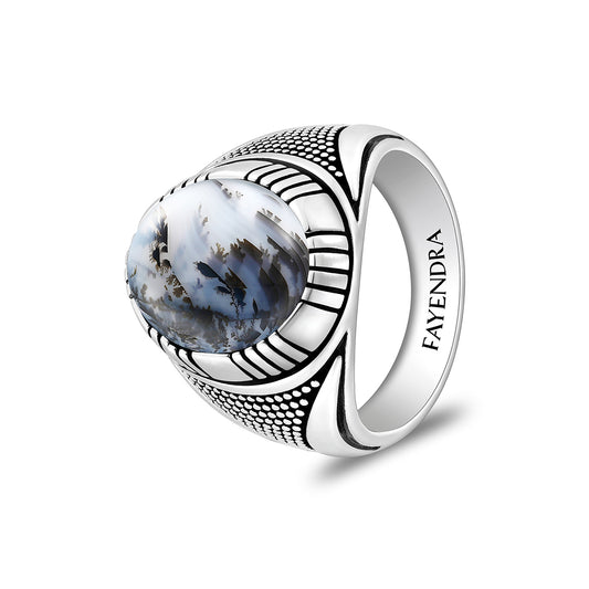 Sterling Silver 925 Ring Rhodium And Black Plated Embedded With Cabochon Natural Agate For Men