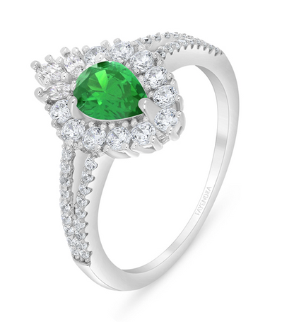 Sterling Silver 925 Ring Rhodium Plated Embedded With Emerald Zircon And White Zircon