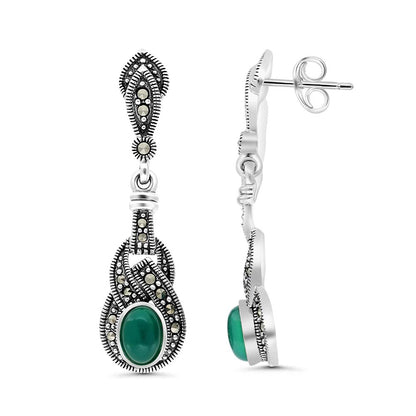 Sterling Silver 925 Earring Embedded With Natural Green Agate And Marcasite Stones