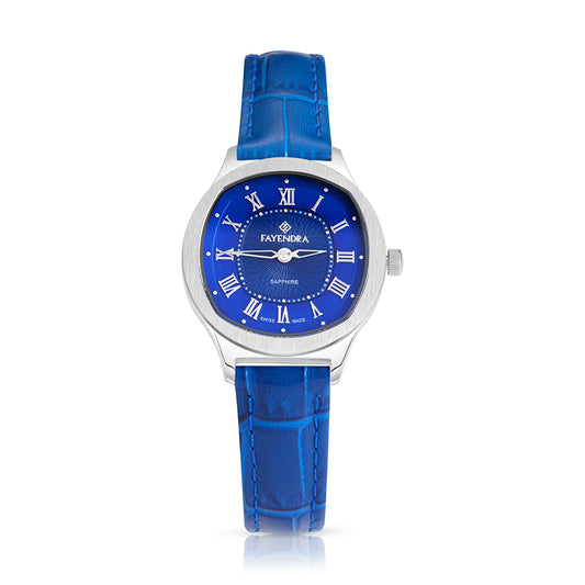 ساعة ستانلس ستيل عيار  L316 بلون فضي جلد ازرق - مينا حجر صدف ام اللالئ الازرق