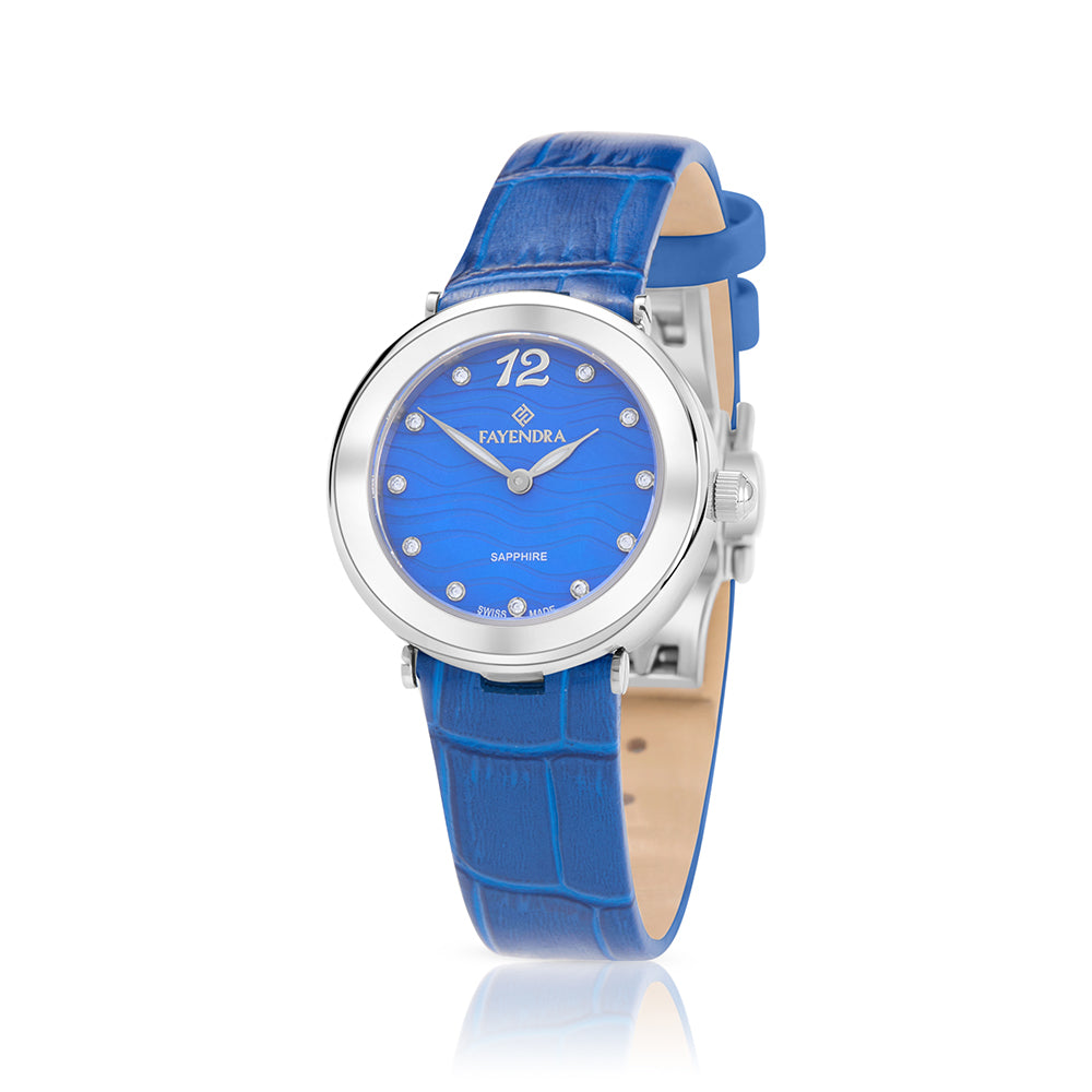 Stainless Steel 316L Watch Silver Color Blue Leather And White Zircon - BLUE MOP DIAL