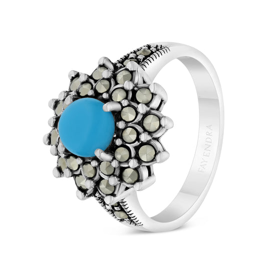 Sterling Silver 925 Ring Embedded With Natural Processed Turquoise And Marcasite Stones