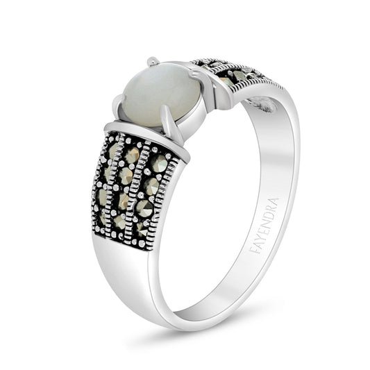 Sterling Silver 925 Ring Embedded With Natural White Shell And Marcasite Stones