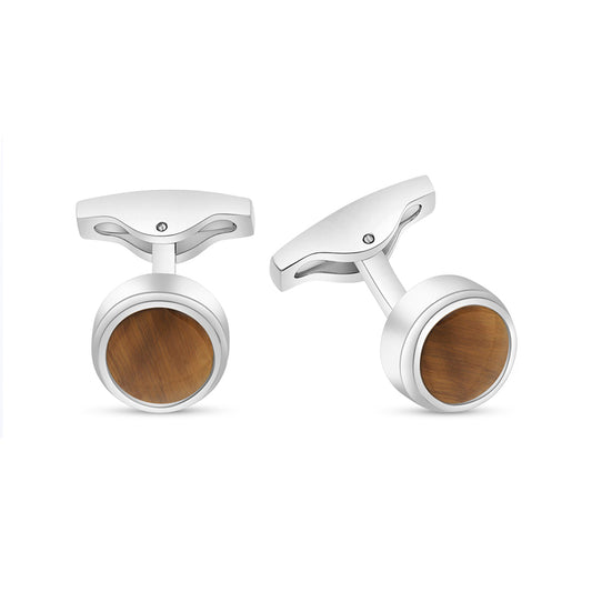 Stainless Steel Cufflink 316L Silver Color Embedded With Yellow Tiger Eye shell Shiny Steel