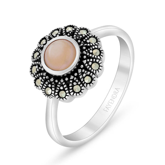 Sterling Silver 925 Ring Embedded With Natural Pink Shell And Marcasite Stones