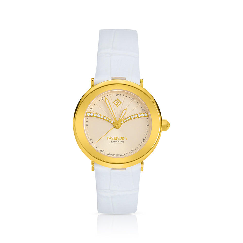 ساعة ستانلس ستيل عيار L316 بلون ذهبى جلد ابيض و فص ابيض -  مينا معدنية باللون الذهبي الفاتح  