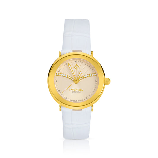 ساعة ستانلس ستيل عيار L316 بلون ذهبى جلد ابيض و فص ابيض -  مينا معدنية باللون الذهبي الفاتح  