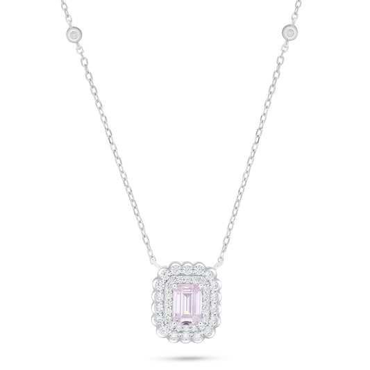 Sterling Silver 925 Necklace Rhodium Plated Embedded With Pink Zircon And White Zircon