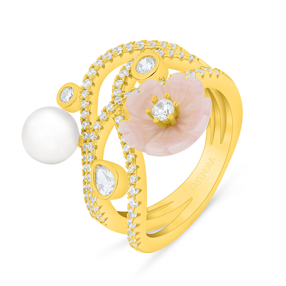 Sterling Silver 925 Ring Golden Plated Embedded With Natural White Pearl And Pink Shell And White Zircon
