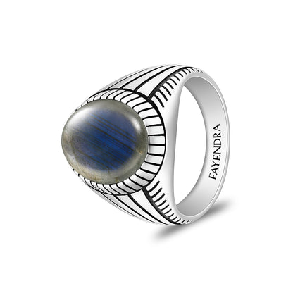 Sterling Silver 925 Ring Rhodium And Black Plated Embedded With Cabochon Labradorite For Men