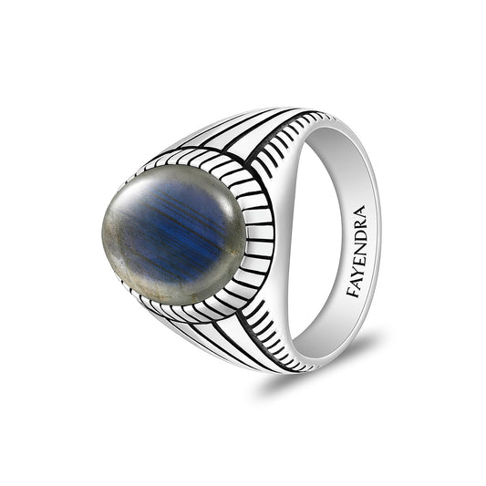 Sterling Silver 925 Ring Rhodium And Black Plated Embedded With Cabochon Labradorite For Men