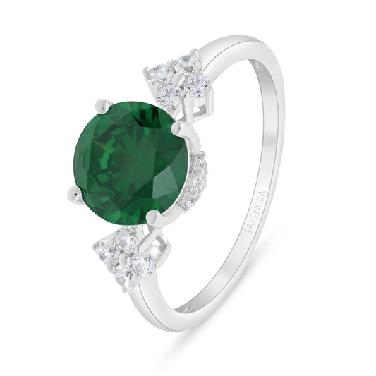 Sterling Silver 925 Ring Rhodium Plated Embedded With Emerald Zircon And White Zircon