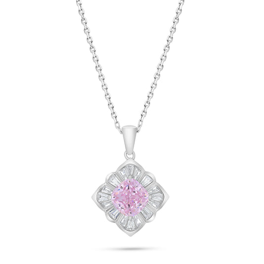 Sterling Silver 925 Necklace Rhodium Plated Embedded With Pink Zircon And White Zircon