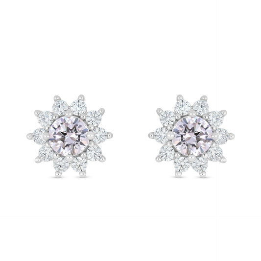 Sterling Silver 925 Earring Rhodium Plated Embedded With Pink Zircon And White Zircon