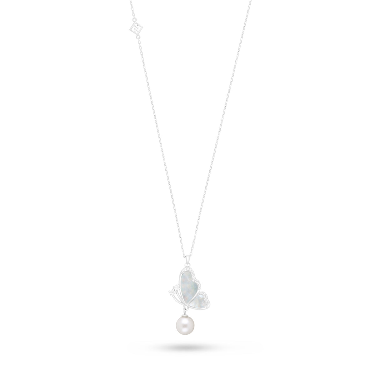 Sterling Silver 925 Necklace Rhodium Plated Embedded With Natural White Pearl, White Shell And White Zircon