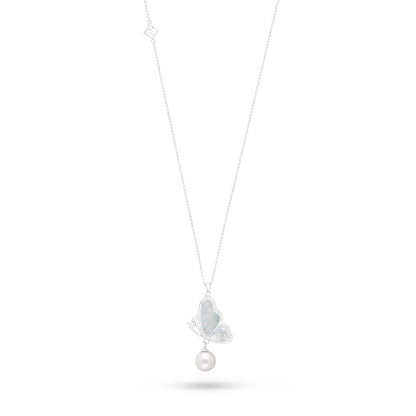 Sterling Silver 925 Necklace Rhodium Plated Embedded With Natural White Pearl, White Shell And White Zircon