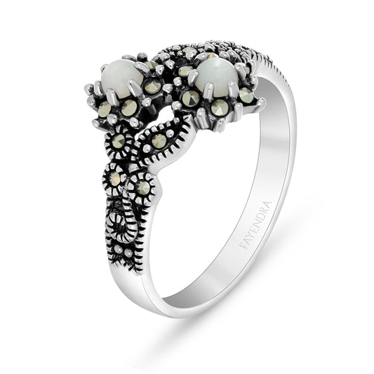 Sterling Silver 925 Ring Embedded With Natural White Shell And Marcasite Stones