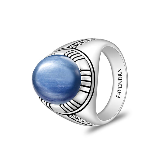 Sterling Silver 925 Ring Rhodium And Black Plated Embedded With Cabochon Natural Kyanite For Men