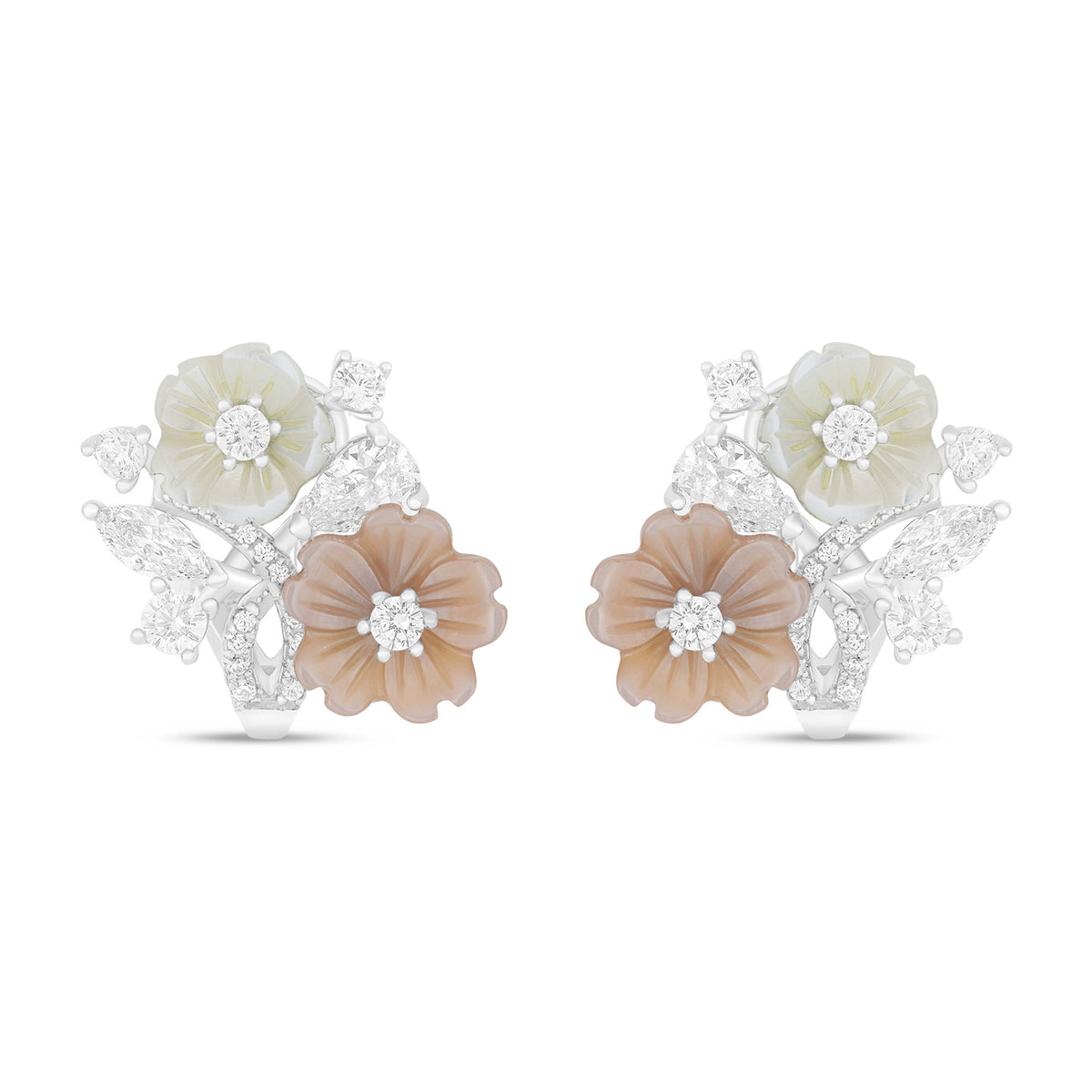 Sterling Silver 925 Earring Rhodium Plated Embedded With White And Pink Shell And White Zircon