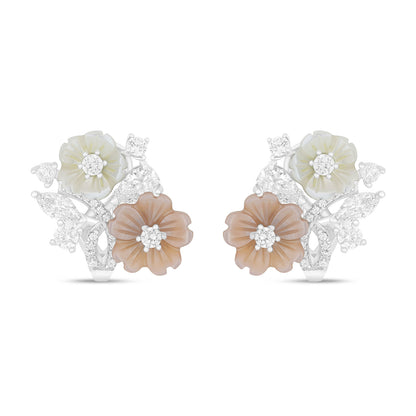 Sterling Silver 925 Earring Rhodium Plated Embedded With White And Pink Shell And White Zircon