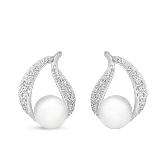Sterling Silver 925 Earring Rhodium Plated Embedded With Natural White Pearl And White Zircon