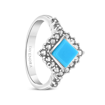 Sterling Silver 925 Ring Embedded With Natural Processed Turquoise And Marcasite Stones