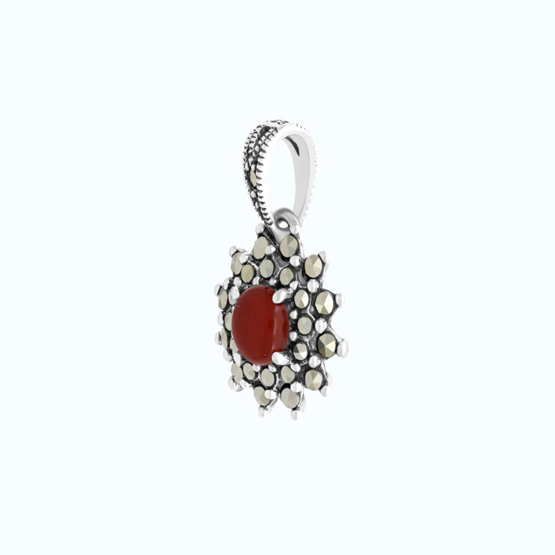 Sterling Silver 925 Pendant Embedded With Natural Aqiq And Marcasite Stones