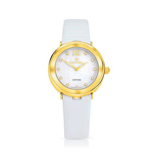 Stainless Steel 316L Watch Golden Color White Leather And White Zircon - WHITE MOP DIAL
