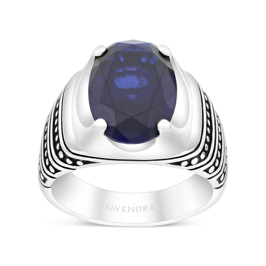 Sterling Silver 925 Ring Rhodium Plated Embedded With Sapphire Corundum For Men