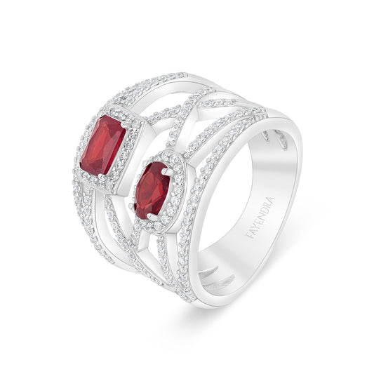 Sterling Silver 925 Ring Rhodium Plated Embedded With Ruby Corundum And White Zircon