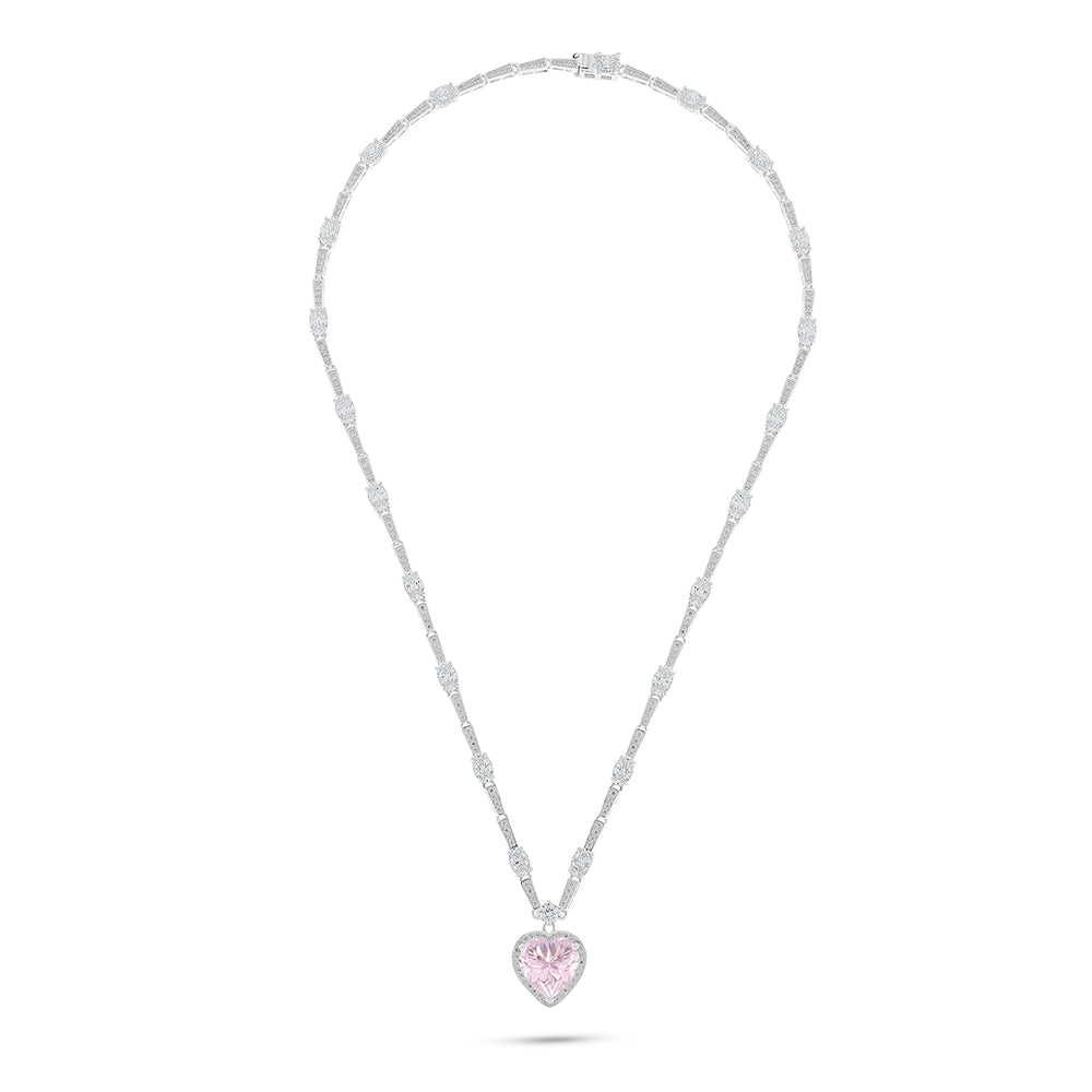 Sterling Silver 925 Necklace Rhodium Plated Embedded With Pink Zircon And White Zircon