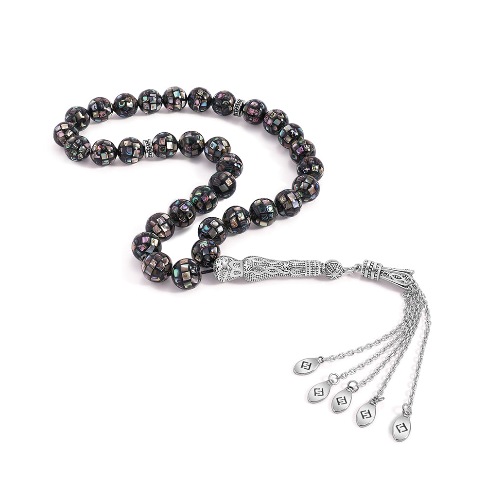 سبحة 33 مطعم احجار صدف استرالي بيلية 10 مم طقم ستانلس ستيل عيار 316L مطلى فضي واسود