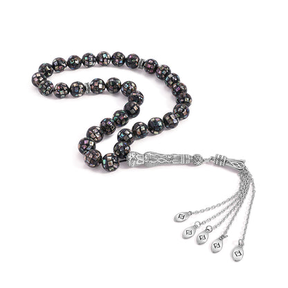 سبحة 33 مطعم احجار صدف استرالي بيلية 10 مم طقم ستانلس ستيل عيار 316L مطلى فضي واسود