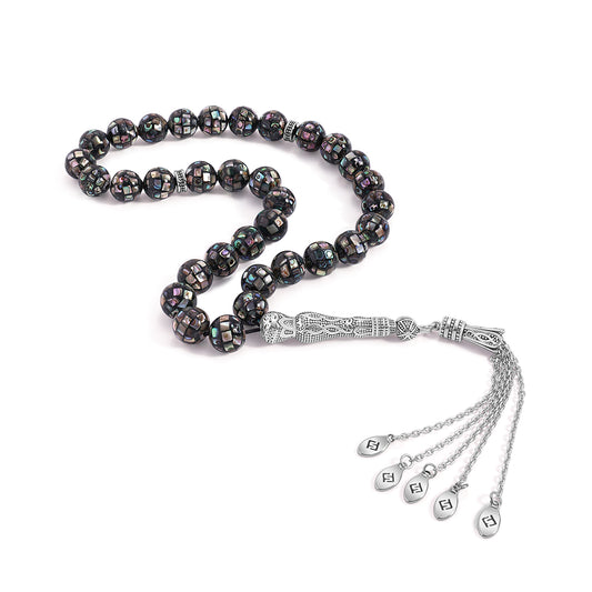 سبحة 33 مطعم احجار صدف استرالي بيلية 10 مم طقم ستانلس ستيل عيار 316L مطلى فضي واسود