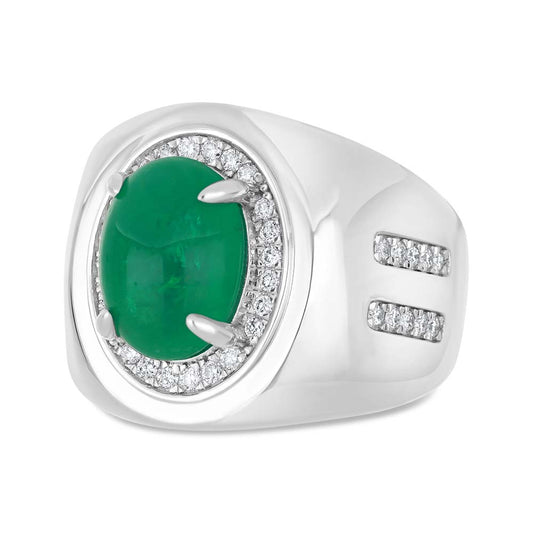 خاتم رجالي عيار 925 مطلي روديوم مرصع بحجر الزمرد الطبيعي و الالماس الطبيعي سي في دي جودة في في اس