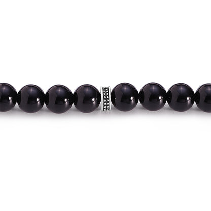 Black Agete Rosary 45 Round Beads 8 mm With Stainless Steel 316L Set (Silver & Black Plated)