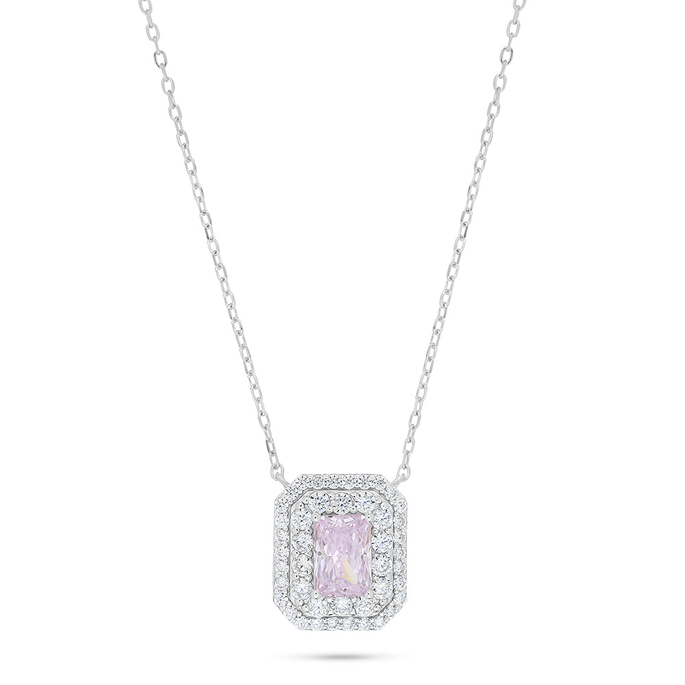 Sterling Silver 925 Necklace Rhodium Plated Embedded With Pink Zircon And White Zircon