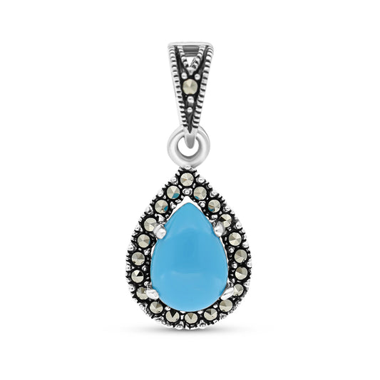 Sterling Silver 925 Pendant Embedded With Natural Processed Turquoise And Marcasite Stones
