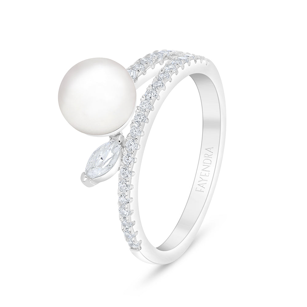 Sterling Silver 925 Ring Rhodium Plated Embedded With Natural White Pearl And White Zircon